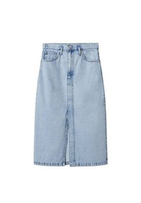 Jupe en denim bleu clair avec fente devant, passants pour ceinture, fermeture à boutons et deux poches avant, style longueur genou.