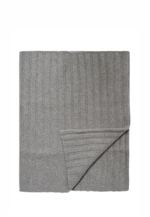Gray knitted blanket with a ribbed texture. One corner is folded over, revealing a slightly different rib pattern. Soft, warm material.