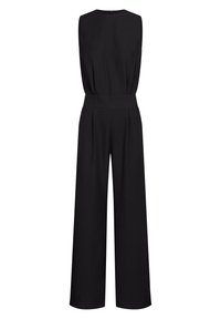 Czarny bezrękawnikowy kombinezon z dopasowanym talią, szerokimi nogawkami i gładką teksturą. Posiada wysoki dekolt i zapięcie z tyłu.