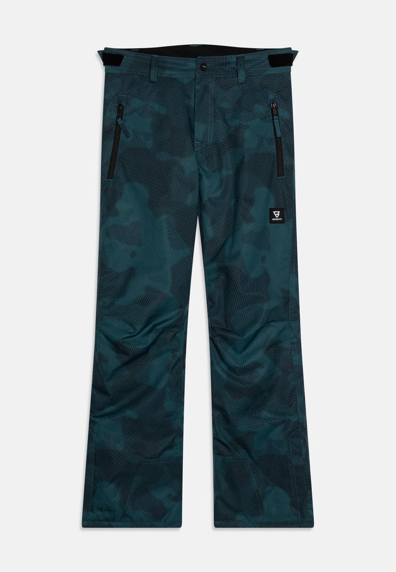 Teal spalvos kamufliažo rašto kelnės, turinčios dvi užtraukiamas kišenes ir juodą liemenį su velcro uždarymu. Textūruota paviršiaus detalė.