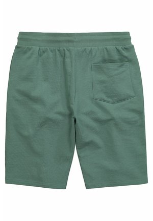 Pantaloncini verdi con vita elastica e una singola tasca posteriore sul lato destro, realizzati in tessuto morbido, mostrati da dietro.