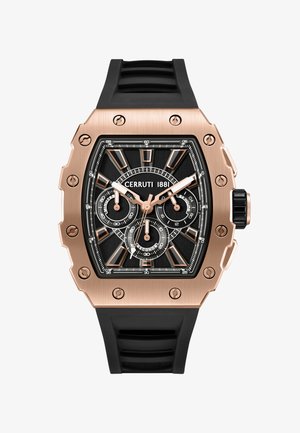 Rechthoekig horloge in roségoud met zwarte wijzerplaat, drie subdials, geometrische uurmarkeringen, zwarte rubberen band en "Cerruti 1881" branding.