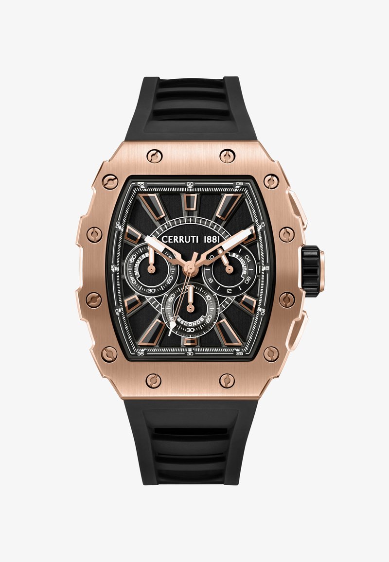 Obdĺžnikové hodinky z ružového zlata s čiernym ciferníkom, tromi pomocnými ciferníkmi, geometrickými hodinovými značkami, čiernym gumovým remienkom a značkou "Cerruti 1881".