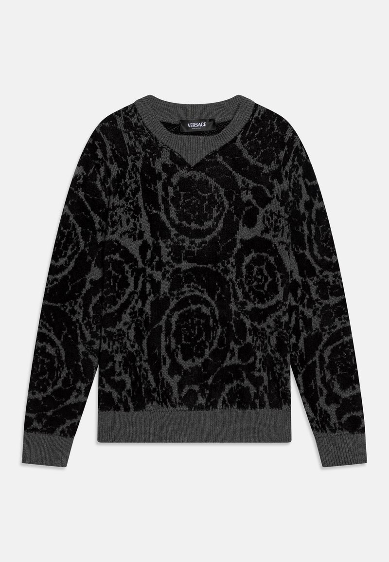 Schwarzer Strickpullover mit einem strukturierten Muster aus dunkelgrauen Wirbeln, gerippten Bündchen und einem V-Ausschnitt-Design. Label: Versace.