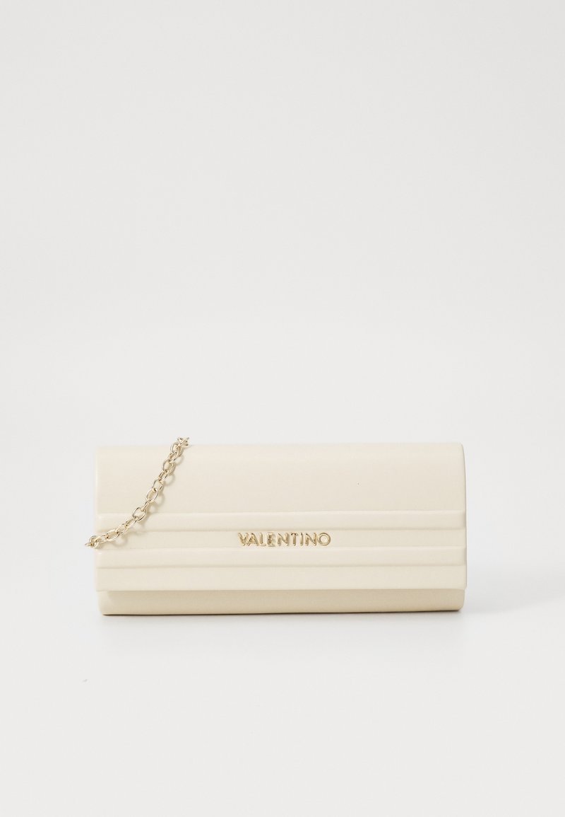 Cream-colored Valentino clutch with a smooth texture, featuring vertical ribbed design, gold hardware, and a chain strap.