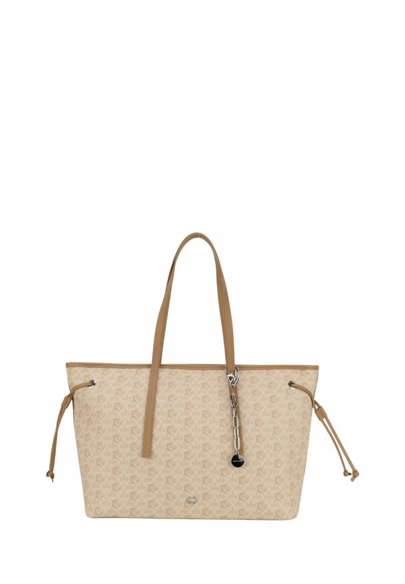 Borsa a tracolla beige con un'esterno a fantasia, manici in pelle e un accento a catena. Dotata di chiusure a cordoncino e una forma rettangolare strutturata.