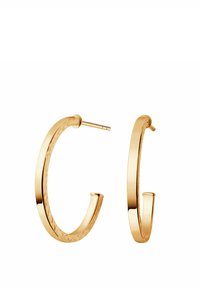 Złote kolczyki w kształcie obręczy o gładkim i fakturowanym wykończeniu, charakteryzujące się minimalistycznym wzornictwem i bezpiecznym zapięciem na sztyft.