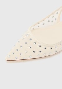 Beige kärpälälyöksinen kengä, jossa on kangaspäällinen ja läpinäkyvä verkko-osio; koristeltu hopeisilla strasseilla, jotka ovat tasaisesti hajautettu pinnan yli.