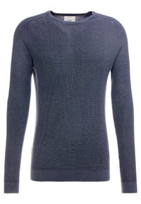 Maglione a coste di colore blu navy con maniche lunghe, scollatura rotonda e una sottile texture; presenta un'etichetta all'orlo.