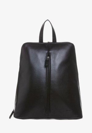 Sac à dos en cuir noir avec une poignée supérieure, une fermeture éclair verticale centrale et un design minimaliste sur fond blanc.