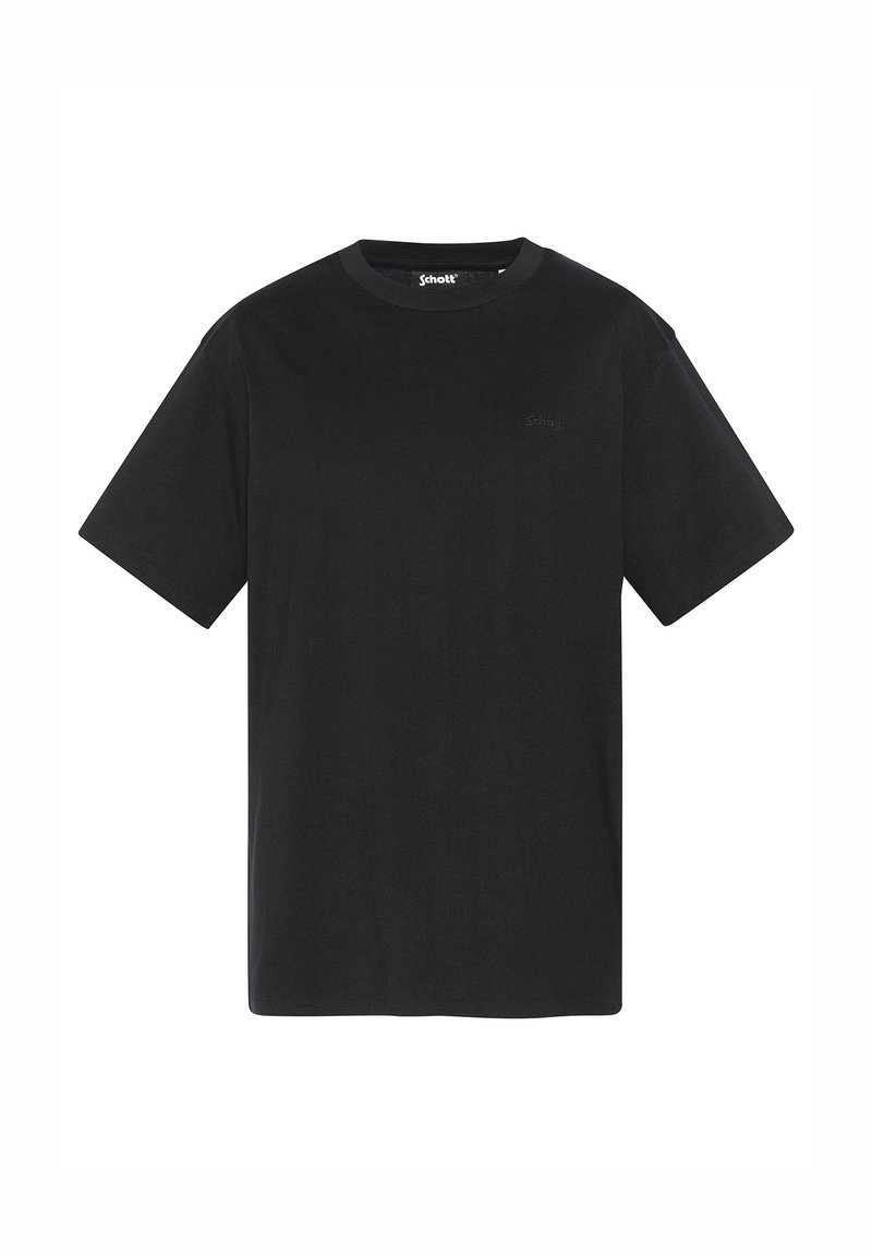 T-shirt noir à manches courtes et col rond avec un logo discret sur la poitrine et une étiquette de marque à l'intérieur du col, design simple sur fond blanc.