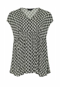 Svartvitt prickmönstrat topp med V-ringning, korta ärmar och avslappnad passform. Tillverkad av lättviktig tyg med plisserade detaljer.