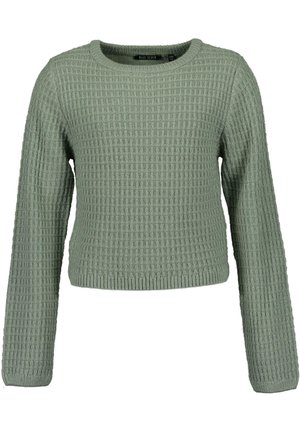 Zielony sweter dzianinowy o fakturze wafla, z okrągłym dekoltem i długimi rękawami. Krótszy fason z ściągaczami na mankietach i dole.