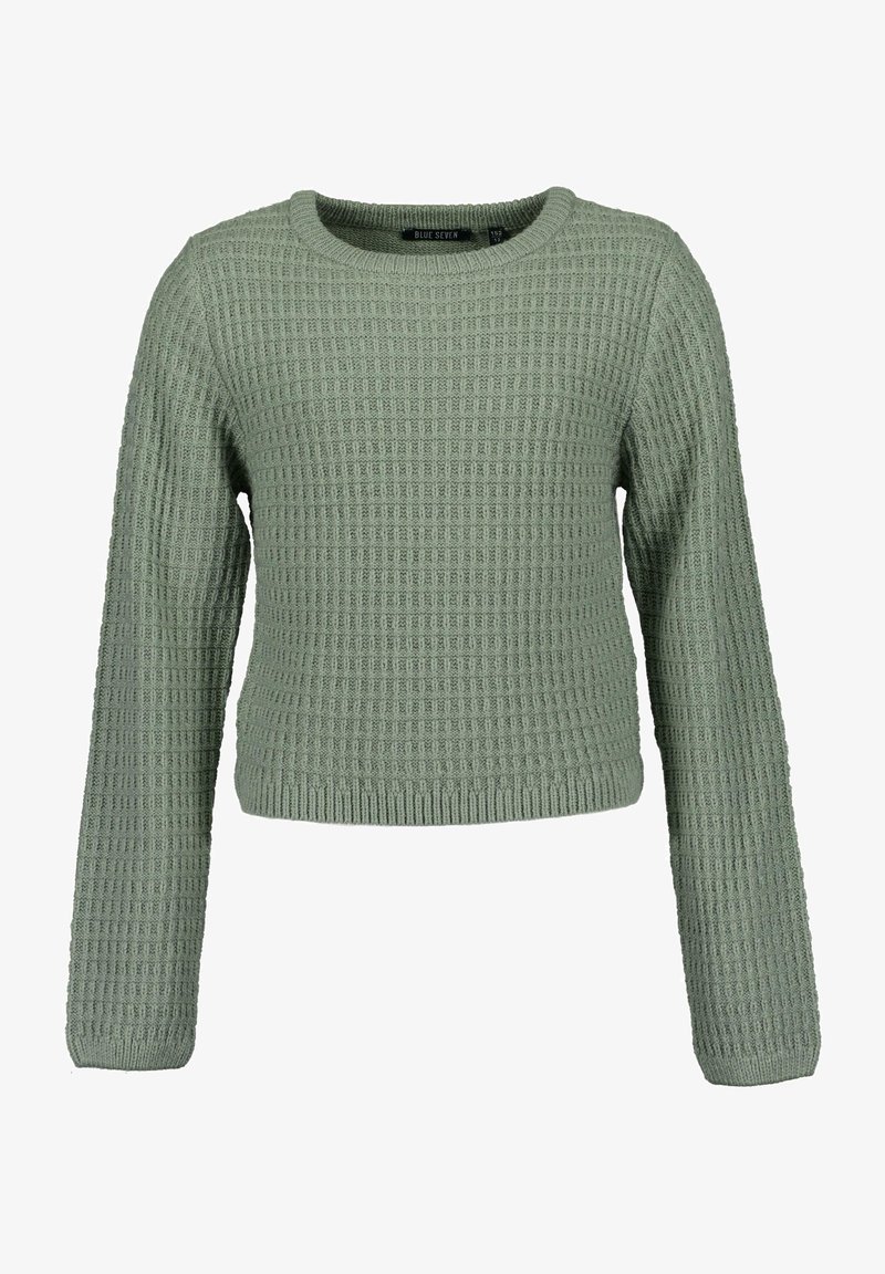 Pull en tricot vert avec un motif gaufré texturé, encolure ronde et manches longues. Design court avec poignets et ourlet côtelés.