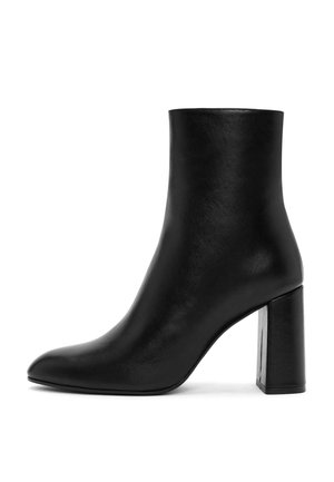 Black leather ankle boot with a pointed toe and a chunky high heel. Smooth texture with a minimalist design and no visible hardware or accents.