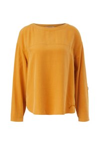 Maglione a maniche lunghe giallo senape con scollatura rotonda, vestibilità morbida e finitura testurizzata. Presenta un piccolo dettaglio ricamato sull'orlo.