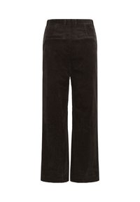 Pantalons large en velours côtelé noir avec une texture ribbée, présentant une taille haute et deux poches arrière.