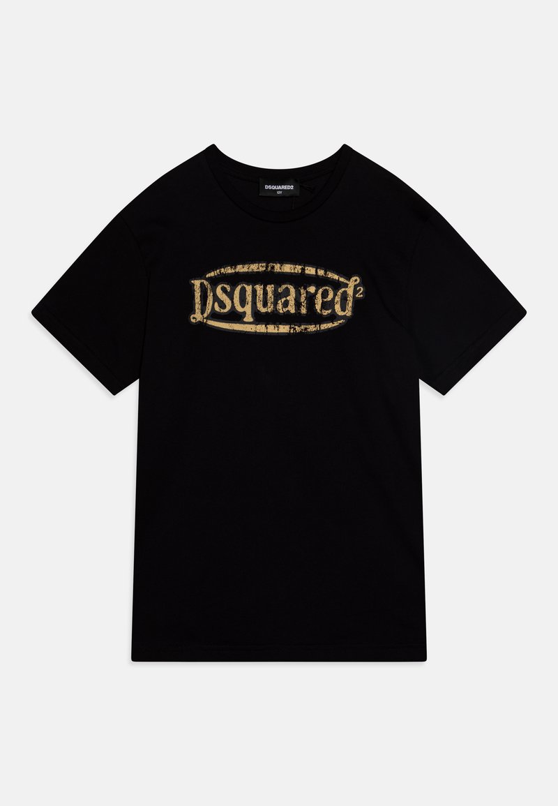 T-shirt in cotone nero con un grande logo dorato "Dsquared²" in stile usurato sul petto. Girocollo classico e maniche corte.