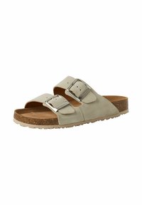 Beige szuéd szandálok, két állítható pánttal, ezüst csatokkal és parafa talppal. Mintás talp a tapadásért.