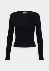 Schwarzes langärmeliges Oberteil mit V-Ausschnitt und einem Schlüsselloch-Ausschnitt, aus einem dehnbaren, strukturierten Material, enganliegende Silhouette.