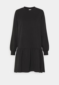 Černé dlouhé šaty s kulatým výstřihem, nařasenou skládanou sukní a žebrovanými manžetami. Vyrobené z měkké, elastické tkaniny. Jednoduchý design.