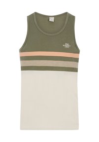 Canottiera verde oliva con strisce orizzontali in pesco, beige e bianco. Realizzata in tessuto morbido, presenta un collo rotondo e un dettaglio con logo.