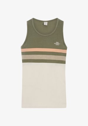 Maslinasto zeleni majica bez rukava s horizontalnim prugama u breskvastoj, bež i bijeloj boji. Napravljen od mekanog materijala, s okruglim izrezom i detaljem s logotipom.
