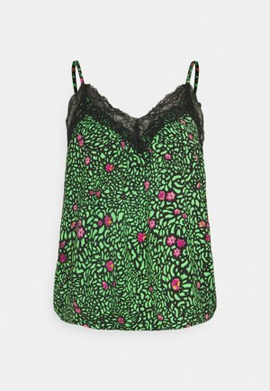 Groene bloemen-camisole met een zwarte kanten rand, verstelbare bandjes en een losse pasvorm. Het patroon bevat roze bloemen en abstracte groene accenten.