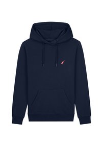 Sweat à capuche bleu marine en coton doux, avec une poche avant, des cordons de serrage réglables, et un petit logo brodé sur la poitrine.