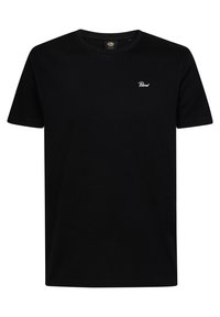 T-shirt noir en coton à manches courtes avec un col rond. Présente un petit logo blanc sur la poitrine gauche. Design simple, sans motifs ni accents.