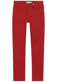 Punaiset slim-fit farkut etutaskuilla, vyölenkeillä, napin sulkemisella ja pienellä Tommy Hilfiger -logolla oikeassa etutaskussa.