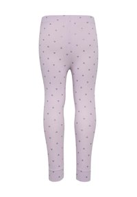 Lila leggings av mjukt tyg med ett litet navy geometriskt mönster. Designen inkluderar en elastisk midjeband och åtsittande ankelmanchetter.