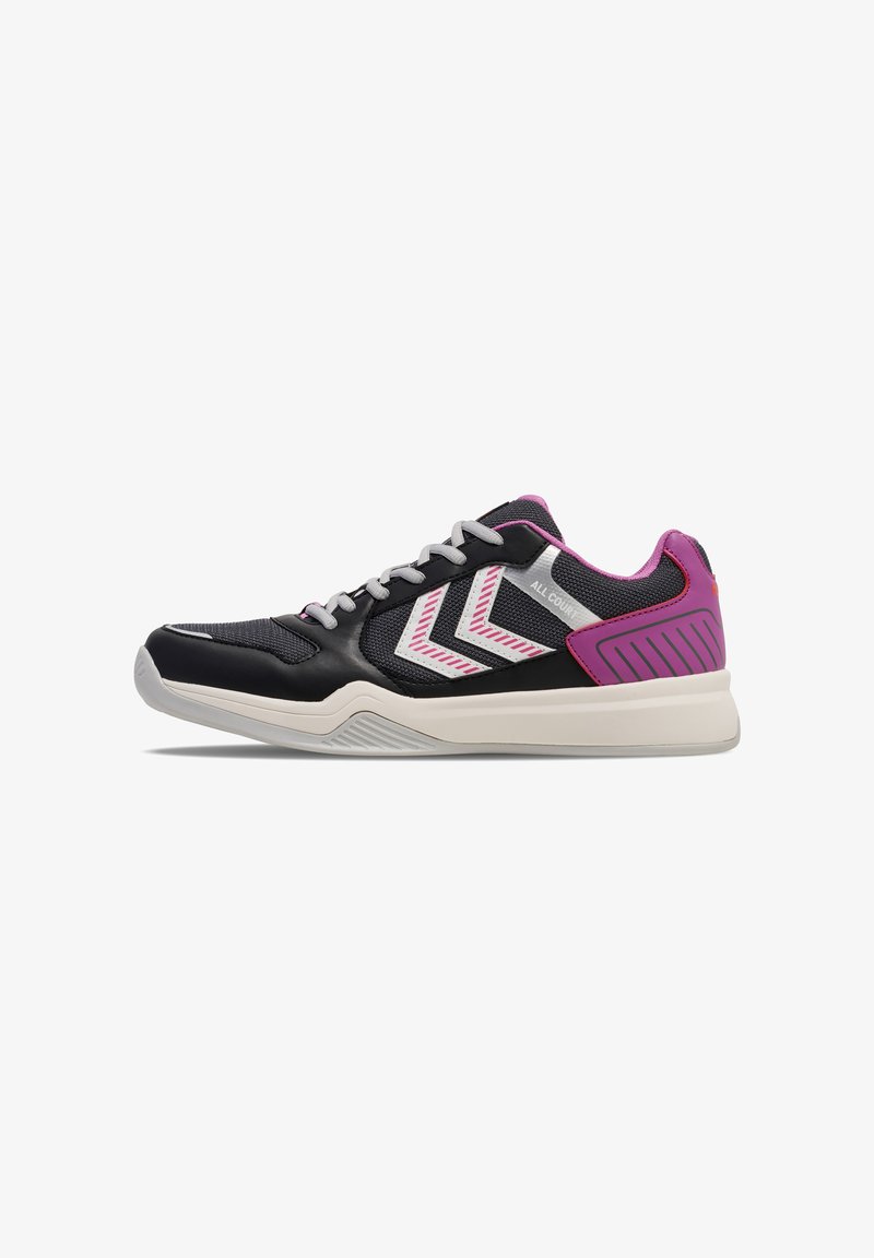 Black and pink athletic shoe featuring a textured mesh upper, contrasting white accents, and a durable rubber sole. Includes lace-up design.