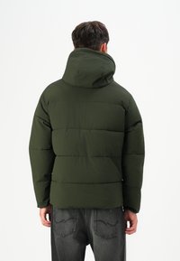 Puffer jacket, dark green, quilted design with a high collar and hood. Material appears smooth and insulated, offering warmth.