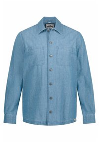 Lichtblauwe denim shirt met een knoopsluiting aan de voorkant, twee borstzakken en lange mouwen. Heeft een klassieke kraag en opgerolde mouwen.