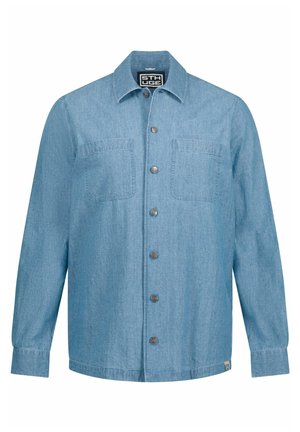 Helles blaues Denimhemd mit geknöpfter Vorderseite, zwei Brusttaschen und langen Ärmeln. Verfügt über einen klassischen Kragen und umgeschlagene Ärmel.