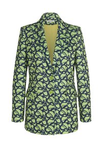 Patroon blazer met een groen bladerenontwerp op een marineblauwe achtergrond, voorzien van een geknipt kraag, twee voorkzakken en een enkele knoopsluiting.