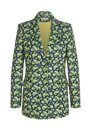 Gestreifter Blazer mit grünem Blättermuster auf navy Hintergrund, mit Reverskragen, zwei vorderen Taschen und einem Ein-Knopf-Verschluss.