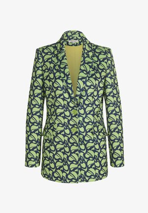 Patroon blazer met een groen bladerenontwerp op een marineblauwe achtergrond, voorzien van een geknipt kraag, twee voorkzakken en een enkele knoopsluiting.