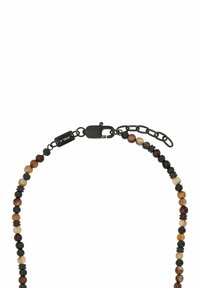 Perlenkette mit einer Mischung aus braunen, schwarzen und grauen Steinen, ausgestattet mit einem schwarzen Metallkarabiner und einer Kette zur Größenanpassung.
