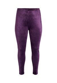 Löyhä samettinen korkeavyötäröinen leggingsit purppuran värissä, joustava vyötärönauha, muotoiltu lantion ja jalkojen ympärille, esitetty valkoista taustaa vasten.