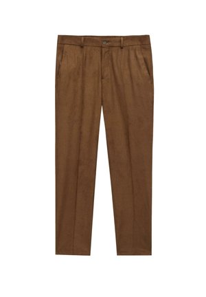 Brązowe męskie spodnie wizytowe z guzikiem z przodu i kieszeniami po bokach, o smukłym, prostym kroju z szlufkami na pasek.