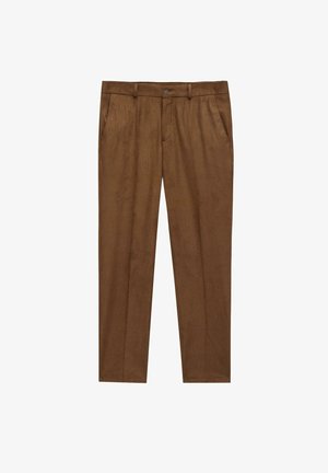 Brązowe męskie spodnie wizytowe z guzikiem z przodu i kieszeniami po bokach, o smukłym, prostym kroju z szlufkami na pasek.