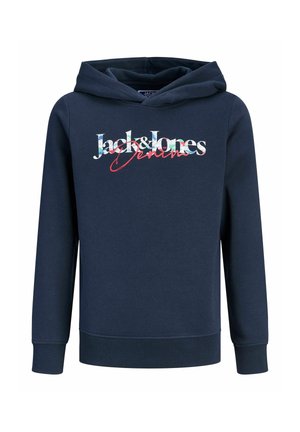 Marineblå hættetrøje med lange ærmer og fronttryk med teksten "Jack & Jones Denim" i hvid og rød skrift.