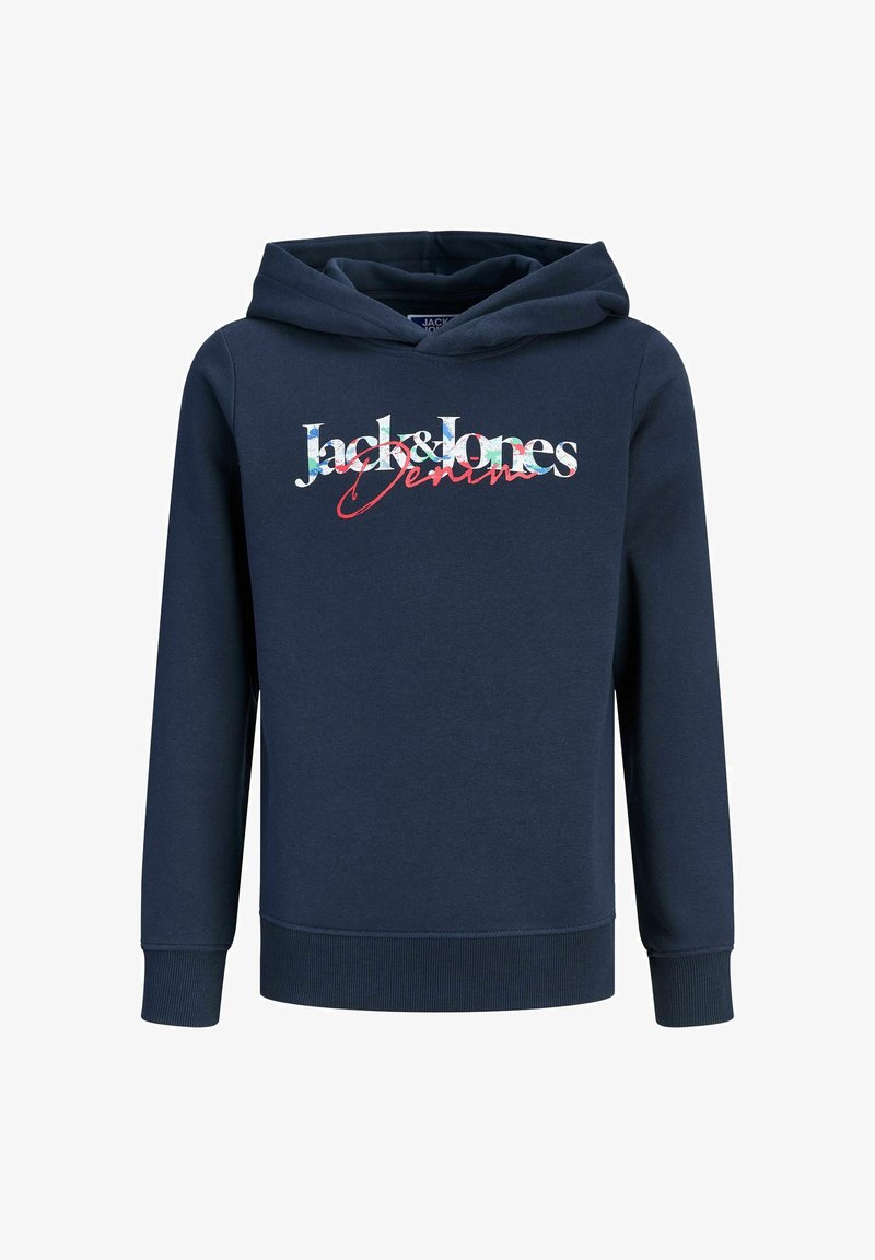 Sweat à capuche bleu marine à manches longues avec inscription à l'avant "Jack & Jones Denim" en écriture blanche et rouge.