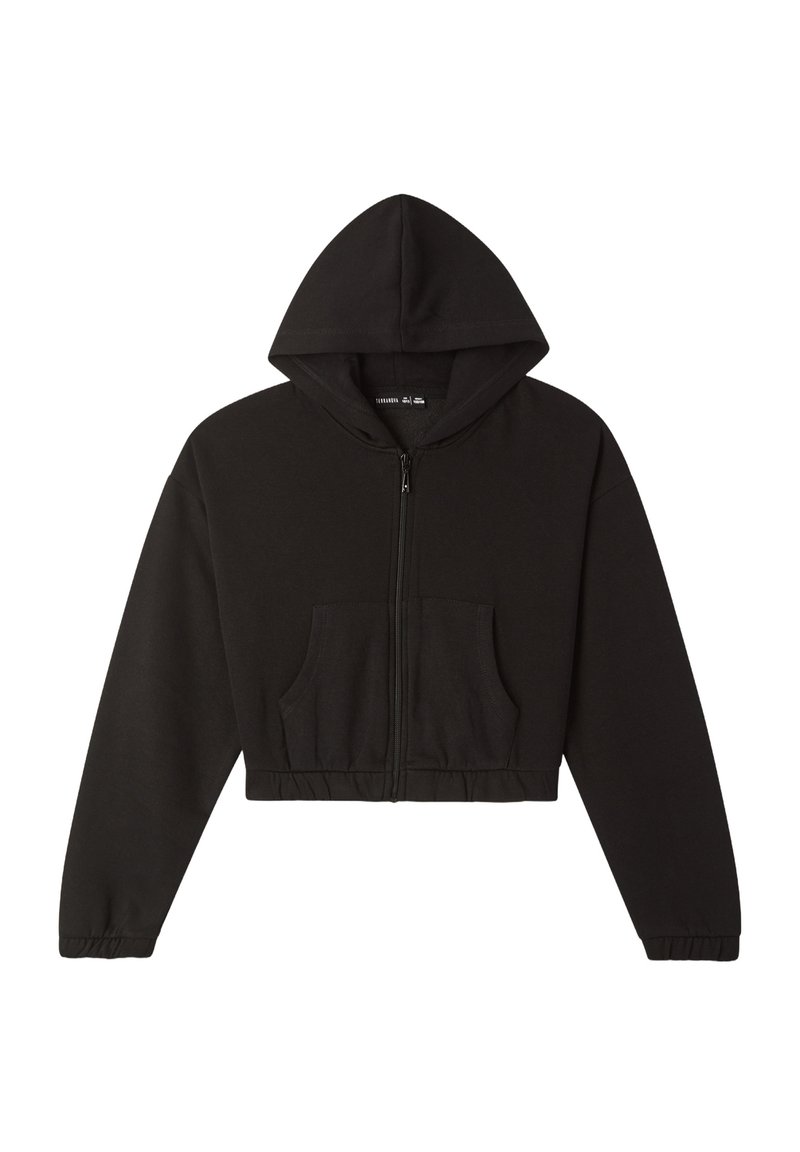 Felpa nera cropped realizzata in tessuto felpato, con zip frontale, cappuccio e tasca a marsupio, dotata di polsini e orlo elasticizzati.