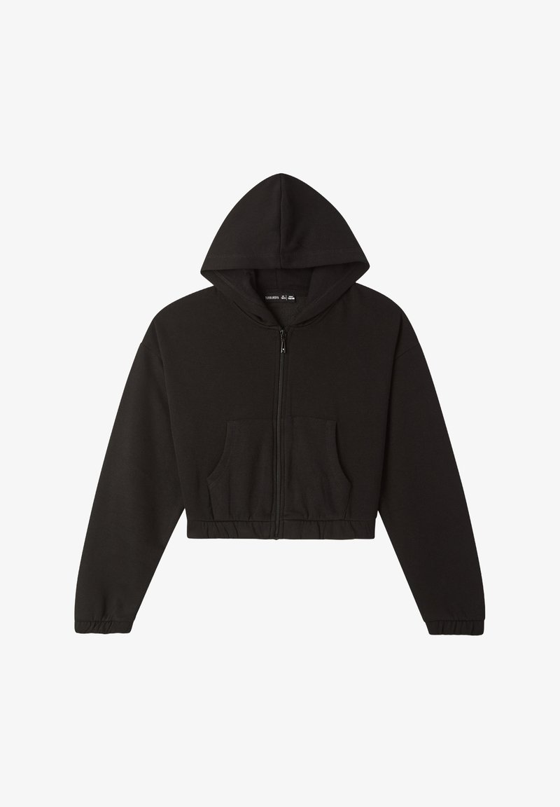 Felpa nera cropped realizzata in tessuto felpato, con zip frontale, cappuccio e tasca a marsupio, dotata di polsini e orlo elasticizzati.