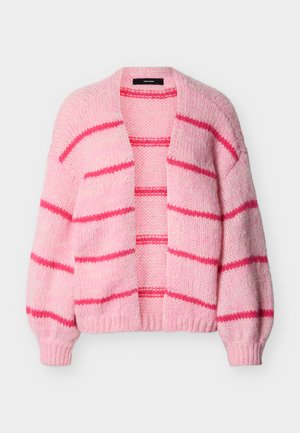 Pink open-front cardigan with long sleeves, featuring horizontal darker pink stripes and ribbed cuffs and hem.