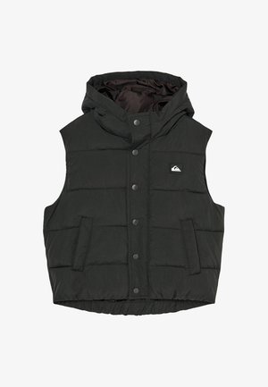 Jong persoon met een zwarte muts, een zwart donzen vest, een paarse hoodie en een zwarte broek, staand en glimlachend tegen een effen achtergrond.