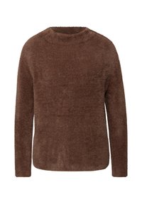 Brauner, langärmeliger, flauschiger Pullover mit Rundhalsausschnitt, ausgestattet mit einem weichen und plüschigen Textilmaterial.